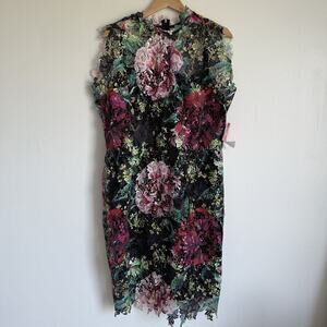 PAPER DOLLS London High Neck Black Pink Floral Crochet Lace Pencil Midi Dress 16